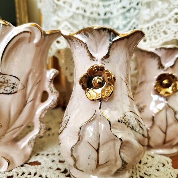 Vintage MCM Betson Pottery Hand Painted Planter & Taper Candle Holders Pink/Gold - Picture 4 of 16